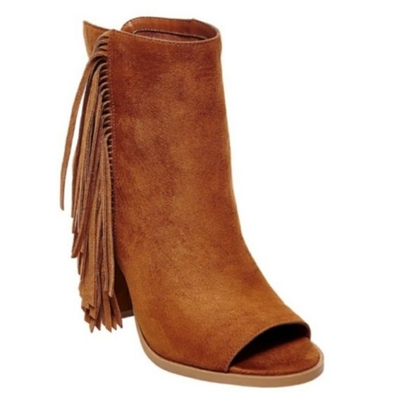 DV by Dolce Vita Shoes - DV by Dolce Vita Cognac open toe fringe leather chunky heel bootie   6.5